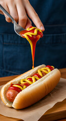 Photo Hot Dog with Mustard and Ketchup on a Bun Detail Close Up