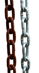 Juxtaposition of Rusty Brown and Shiny Silver Chains Against Black Background