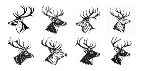 Stunning Stag Heads Monochrome Antler Portraits Black and white illustration, deer head silhouette, majestic antlers, minimalist design, elegant profile, stylized wildlife art, sharp contrast, vector
