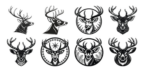 Stunning Stag Heads Monochrome Antler Portraits Black and white illustration, deer head silhouette, majestic antlers, minimalist design, elegant profile, stylized wildlife art, sharp contrast, vector