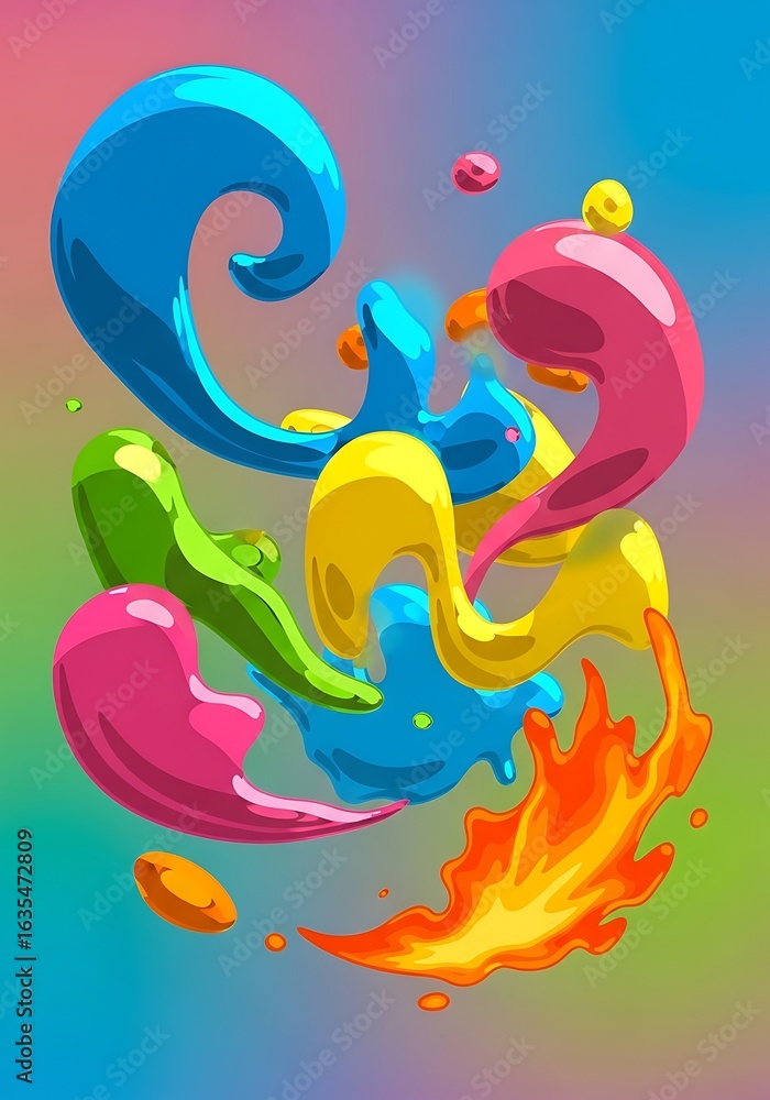 Poster dynamic fluid splashes create a vibrant and playful abstract composition full of energy