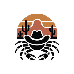 A funny silhouette of a crab wearing a cowboy hat in a desert with cacti against a retro striped sunset vector illustration