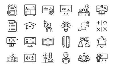 24 Education and School Line Icons Learning, Teaching, Online Classes, Graduation, Science, Math, and Classroom Vector Icon Set for Teachers, Students, and Educational Projects
