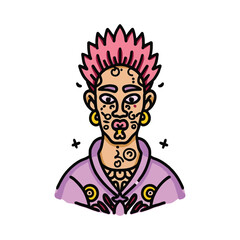 A modern character portrait of a person with pink spiky hair, facial tattoos and piercings in a punk rock vector illustration