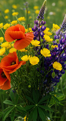 Photo of a Bouquet Displaying Red Poppies Yellow Buttercups and Purple Lupines