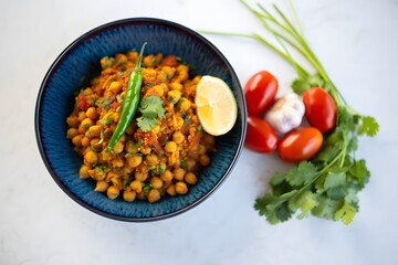 Delicious indian chana masala chickpea curry served in a blue bowl with fresh ingredients