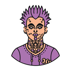 A cool character with purple spiky hair, a detailed neck tattoo, and facial piercings in a modern punk style vector illustration