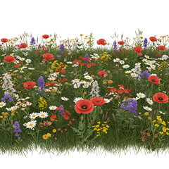 Photo of a Colorful Floral Field with Red Poppies Daisies and Green Grass