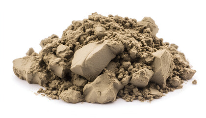 A pile of dry, light brown clay powder with larger clumps and pieces, isolated on a clean white background.