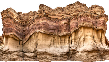 A detailed view of a layered sandstone rock formation with colorful geological strata, isolated on a white background.