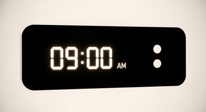 A digital clock displaying the time of nine o clock am on a black background with a simple design