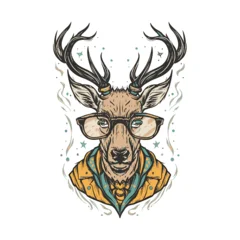 Fotobehang Hipster Dieren A cool hipster deer character wearing glasses and a stylish jacket, an artistic animal portrait vector illustration  © Pixel Pulse