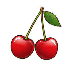 Illustration Of Two Shiny Red Cherries With A Green Leaf On Black Background
