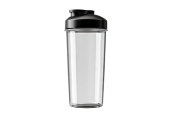 Clear plastic protein shaker bottle with black flip-top lid, isolated on transparent or white background — clean studio mockup for fitness branding, supplement packaging design, and e-commerce product