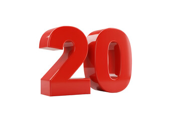 Isolated 3D Render of a Glossy Red Number Twenty with Transparent Background