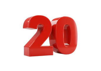 Isolated 3D Render of a Glossy Red Number Twenty with Transparent Background