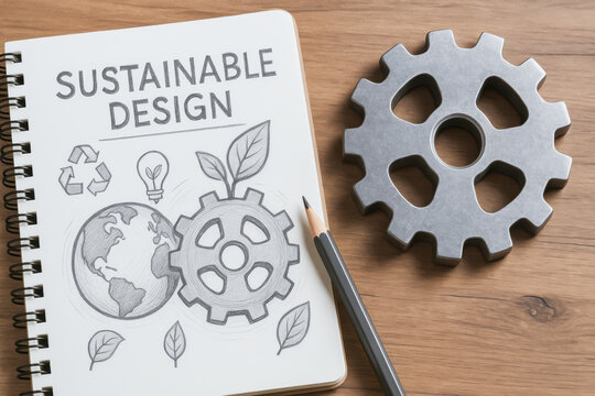 Sustainable engineering work concept with notebook sketch of eco design and metal gear on wooden table inspiring innovation and green technology