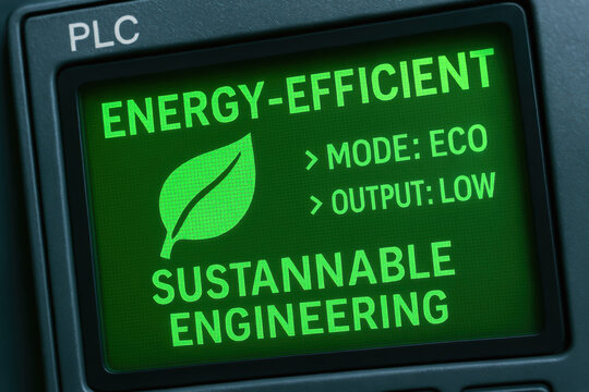 Energy efficient sustainable engineering work concept on green digital screen with eco mode and low output for better resource use