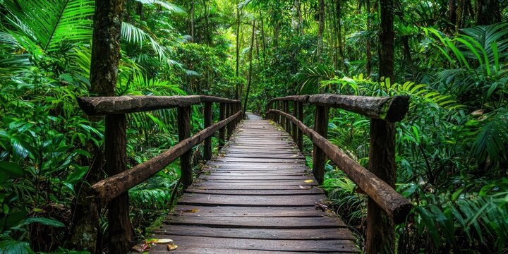 A narrow wooden walkway through a lush, overgrown rainforest
