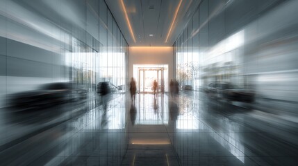 Obraz premium Motion blur effect in a corporate lobby with glass walls Business background.