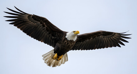 American bald eagle flying in the sky with spread wings symbolizing freedom and wild nature