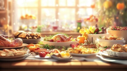 Naklejka premium Thanksgiving dinner preparation with a rich variety of traditional dishes, on blurred background 