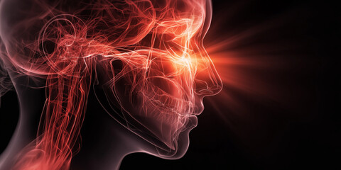 Obraz premium Digital rendering of human head X ray style, highlighting sinus area with glowing effect. image features side profile with intricate details of skull and facial structure, set against dark