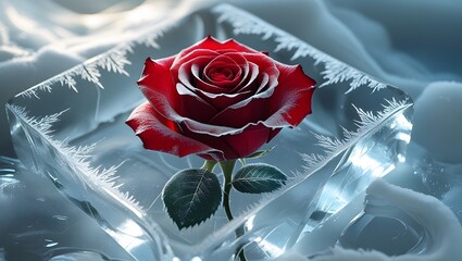 A vibrant crimson rose perfectly preserved and encapsulated within a clear, frosty block of ice, symbolizing eternal love and fragile beauty frozen in time