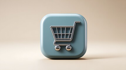 A 3D rendered shopping cart icon on a teal rounded square button commerce