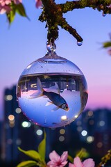 single goldfish swimming in a glass sphere hanging from a cherry blossom branch, with a beautiful sunset sky and city lights in the blurred background
