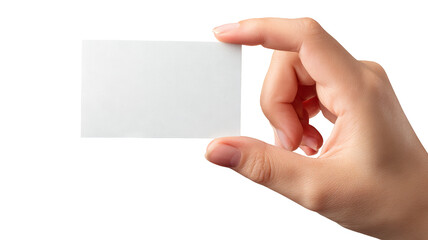 Female hand holding blank credit card isolated on transparent background — high-resolution PNG cutout for e-commerce, payment and banking design mockups, realistic skin tone, close-up with copy space