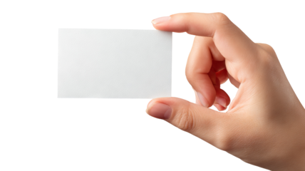 Female hand holding blank credit card isolated on transparent background — high-resolution PNG cutout for e-commerce, payment and banking design mockups, realistic skin tone, close-up with copy space