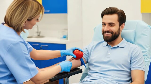 A smiling male donor happily gives blood while a nurse holds a red heart in a modern medical clinic