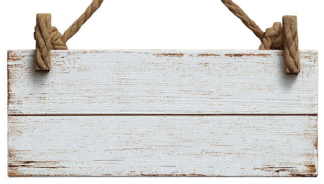 A weathered, white wooden sign, hanging by ropes