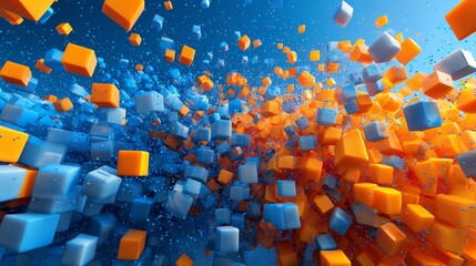 Vibrant orange and blue blocks creating a 3D digital explosion Business background.