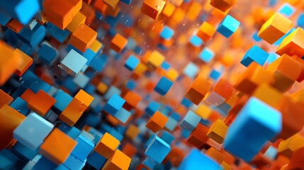 Vibrant orange and blue blocks creating a 3D digital explosion Business background.