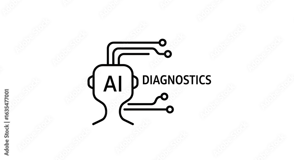 Poster a minimalist ai diagnostics logo featuring a stylized head with circuit connections and text on whit
