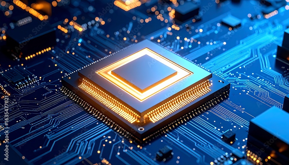 Poster close-up of a glowing processor on a circuit board