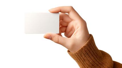 Female hand holding blank credit card isolated on transparent background — high-resolution PNG cutout for e-commerce, payment and banking design mockups, realistic skin tone, close-up with copy space