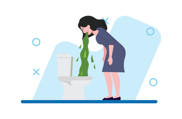 Nauseous Woman Vomiting Green Liquid into Toilet Bowl
