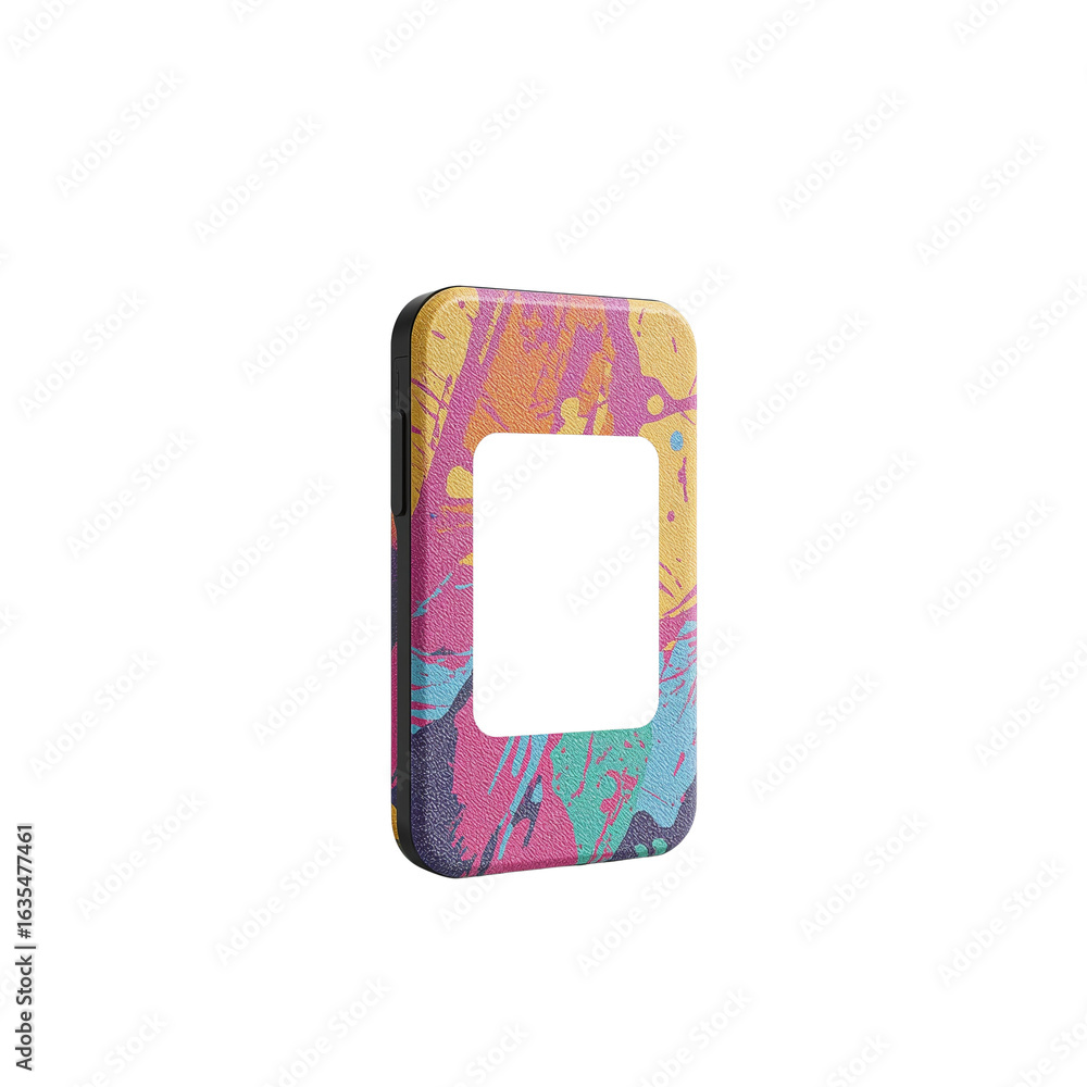 Poster abstract rectangular object with a vibrant, splattered paint design on isolated transparent backdrop