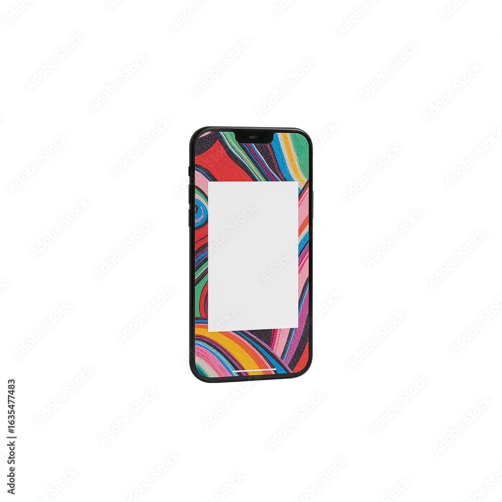 Poster vibrant smartphone displaying a blank white screen surrounded by colorful psychedelic patterns