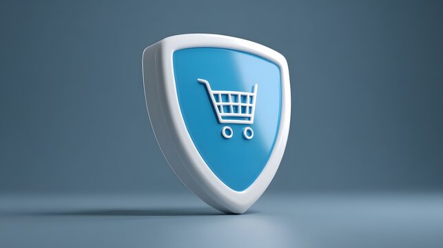 Shopping Cart Icon on Shield, Digital Security Concept, Online Shopping, Graphic Design, Modern Environment, 3D Viewpoint