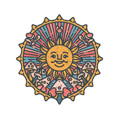 A happy, smiling sun character in a groovy and psychedelic mandala with retro 70s colors and patterns vector illustration
