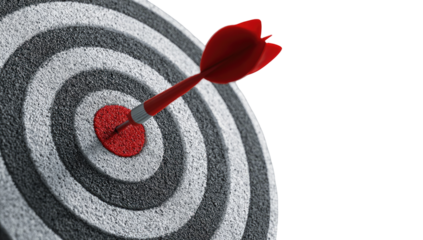 A red dart embedded in the bullseye of a textured dartboard