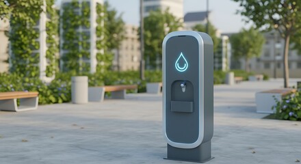 Sleek modern water refill station in a futuristic urban park with clean metallic curves and eco-friendly city background