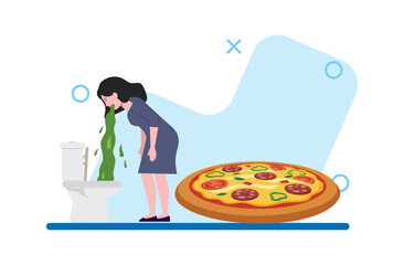 Sick Woman Vomiting Green Liquid after Eating Large Pepperoni Pizza