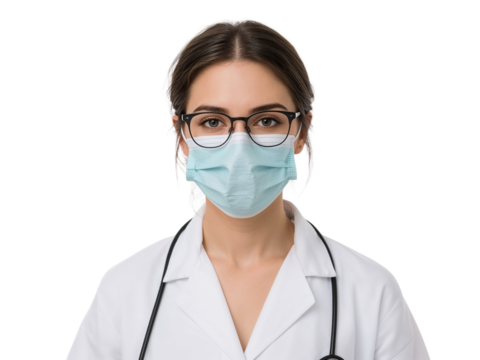 Dedicated healthcare professional with protective face mask isolated on transparent area