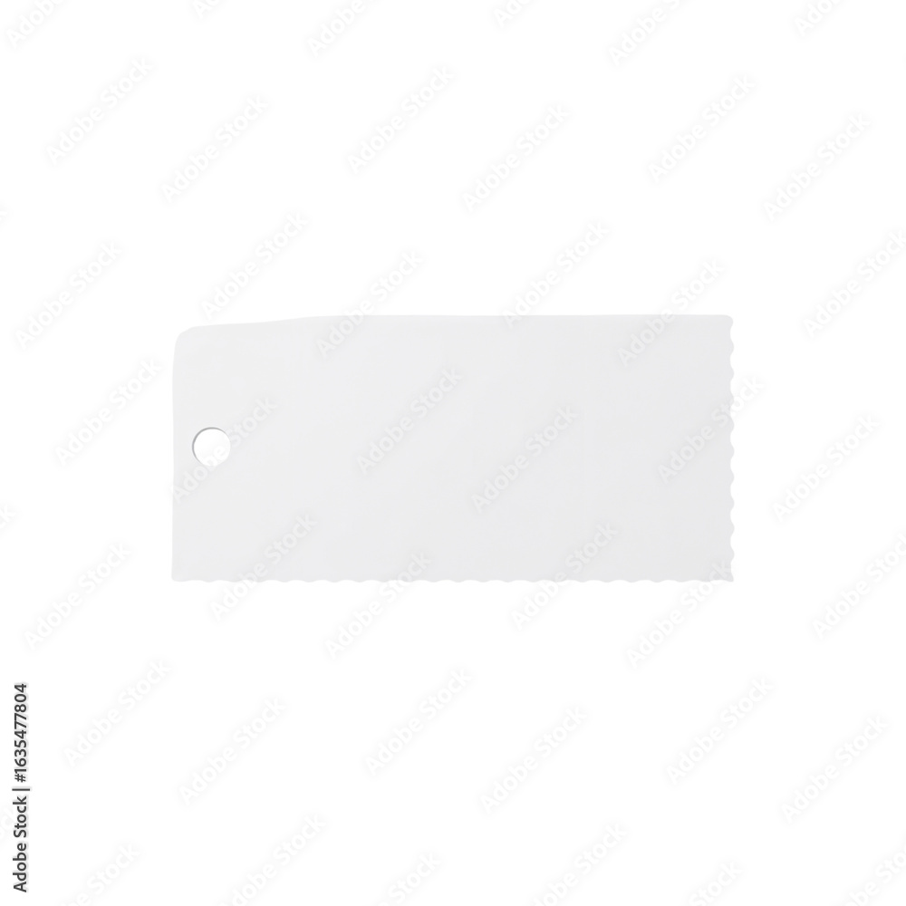 Poster rectangular tag with scalloped edge and hole, presented against an isolated transparent backdrop