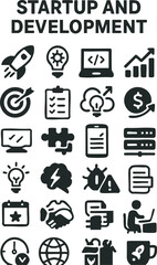 A modern collection of startup and development icons, featuring rockets, light bulbs, coding laptops, growth charts, target goals, checklists, cloud ideas, funding, monitors, puzzle pieces.